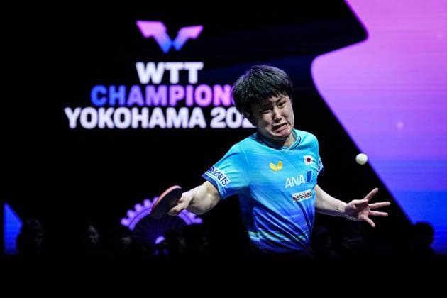 (260809) -- YOKOHAMA, Aug. 9, 2026 -- Harimoto Tomokazu of Japan hits a return during the men s singles semifinal match between Harimoto Tomokazu of Japan and Matsushima Sora of Japan at the WTT Champions Yokohama 2026 in Yokohama, Japan, Aug. 9, 2026. ) (SP)JAPAN-YOKOHAMA Table tennis, Tischtennis WTT CHAMPIONS YOKOHAMA-MEN S SINGLES JiaxHaocheng 