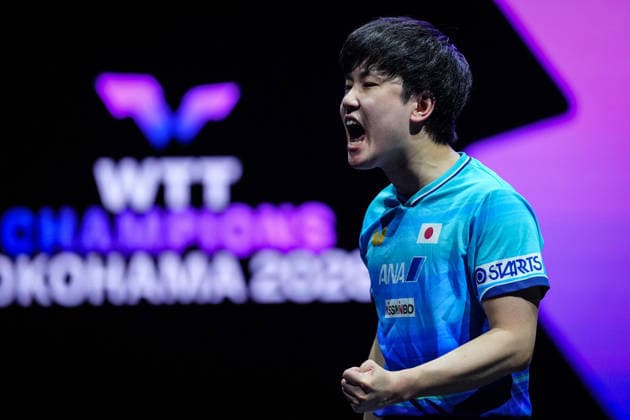 (260809) -- YOKOHAMA, Aug. 9, 2026 -- Harimoto Tomokazu of Japan celebrates during the men s singles semifinal match between Harimoto Tomokazu of Japan and Matsushima Sora of Japan at the WTT Champions Yokohama 2026 in Yokohama, Japan, Aug. 9, 2026. ) (SP)JAPAN-YOKOHAMA Table tennis, Tischtennis WTT CHAMPIONS YOKOHAMA-MEN S SINGLES JiaxHaocheng 