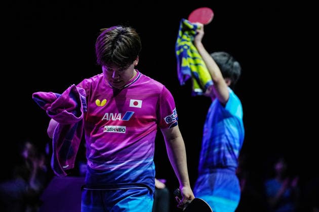 (260809) -- YOKOHAMA, Aug. 9, 2026 -- Matsushima Sora (L) of Japan reacts after the men s singles semifinal match between Harimoto Tomokazu of Japan and Matsushima Sora of Japan at the WTT Champions Yokohama 2026 in Yokohama, Japan, Aug. 9, 2026. ) (SP)JAPAN-YOKOHAMA Table tennis, Tischtennis WTT CHAMPIONS YOKOHAMA-MEN S SINGLES JiaxHaocheng 