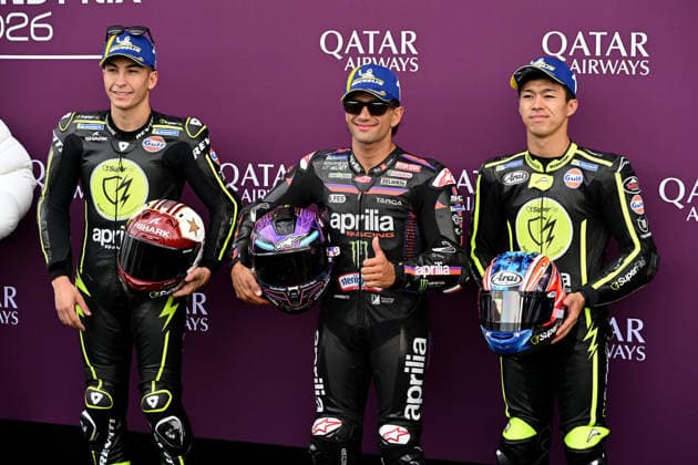MOTO - MOTO GP - BRITISH GRAND PRIX 2026 MARTIN Jorge (spa), Aprilia Racing, Aprilia RS-GP26, portrait, celebrating his pole position with FERNANDEZ Raul (spa), Trackhouse MotoGP Team, Aprilia RS-GP26 and OGURA Ai (jpn), Trackhouse MotoGP Team, Aprilia RS-GP26 during the 2026 Qatar Airways Grand Prix of Great Britain on the Silverstone Circuit from August 7 to 9, 2026, in Silverstone, United Kingdom - SilverstoneUnited Kingdom  Copyright: xGIGIxSOLDANOx