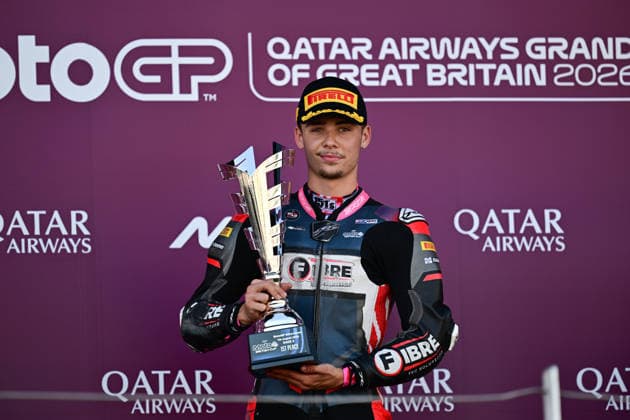 motor racing, Motorsport Moto GP Qatar Airways Grand Prix of Great Britain Moto4 British Cup winner 2026 Ryan Frost of Fibre Tec Honda by Mlav racing during the Moto GP Qatar Airways Grand Prix of Great Britain at Silverstone, Towcester, UK on 9 August 2026. Towcester Silverstone Northamptonshire UK Editorial use only , Copyright: xDennisxGoodwinx PSI-24671-0001