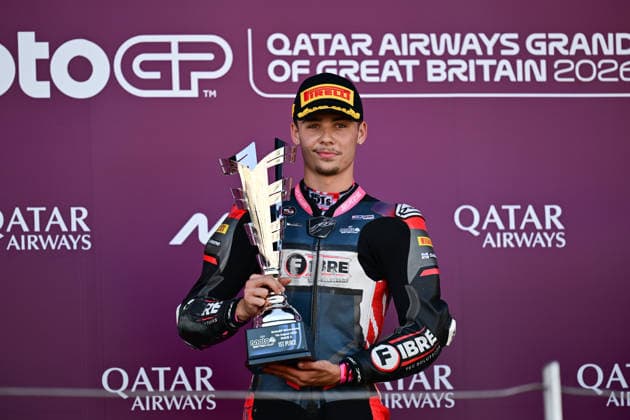 motor racing, Motorsport Moto GP Qatar Airways Grand Prix of Great Britain Moto4 British Cup winner 2026 Ryan Frost of Fibre Tec Honda by Mlav racing during the Moto GP Qatar Airways Grand Prix of Great Britain at Silverstone, Towcester, UK on 9 August 2026. Towcester Silverstone Northamptonshire UK Editorial use only , Copyright: xDennisxGoodwinx PSI-24671-0002