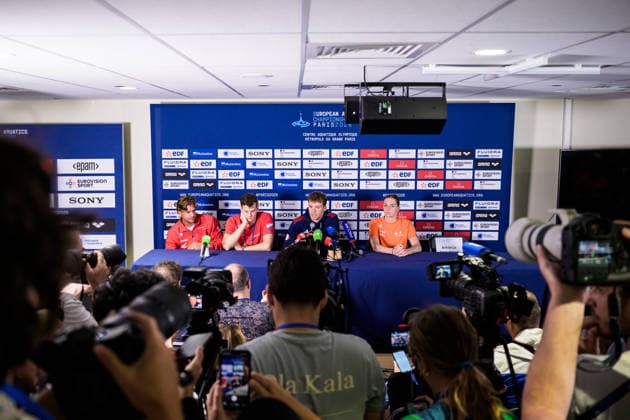 260809 Noe Ponti of Switzerland, Hubert Kos of Hungary, LÃ on Marchand of France and Marrit Steenbergen of Netherlands at a swimming press conference, PK, Pressekonferenz during day ten of the 2026 European Aquatics Championships on August 9, 2026 in Saint-Denis. Photo: Joel Marklund BILDBYRAN kod JM JM0837 bbeng simning swimming svomming 2026 european aquatics championships em presskonferens press conference Frankrike France *** August 9, 2026: Noe Ponti of Switzerland, Hubert Kos of Hungary, LÃ on Marchand of France, and Marrit Steenbergen of the Netherlands at a swimming press conference on the tenth day of the 2026 European Aquatics Championships on August 9, 2026 in Saint-Denis. Photo by Joel Marklund, BILDBYRAN, code JM JM0837 bbeng swimming 2026 European Aquatics Championships EM press conference France  Copyright: JOELxMARKLUND BB260809JM034