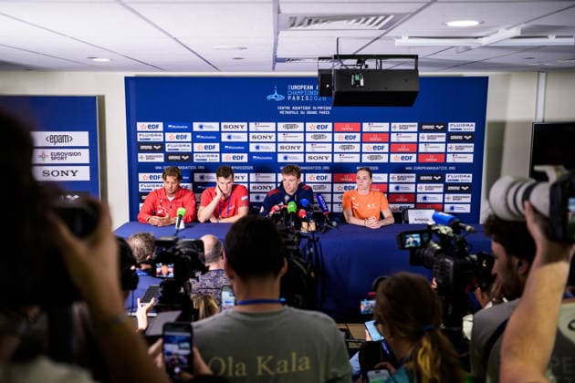 260809 Noe Ponti of Switzerland, Hubert Kos of Hungary, LÃ on Marchand of France and Marrit Steenbergen of Netherlands at a swimming press conference, PK, Pressekonferenz during day ten of the 2026 European Aquatics Championships on August 9, 2026 in Saint-Denis. Photo: Joel Marklund BILDBYRAN kod JM JM0837 bbeng simning swimming svomming 2026 european aquatics championships em presskonferens press conference Frankrike France *** August 9, 2026: Noe Ponti of Switzerland, Hubert Kos of Hungary, LÃ on Marchand of France, and Marrit Steenbergen of the Netherlands at a swimming press conference on the tenth day of the 2026 European Aquatics Championships on August 9, 2026 in Saint-Denis. Photo by Joel Marklund, BILDBYRAN, code JM JM0837 bbeng swimming 2026 European Aquatics Championships EM press conference France  Copyright: JOELxMARKLUND BB260809JM035