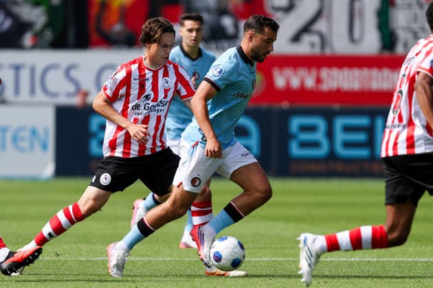 2026-08-09 Sparta Rotterdam v Feyenoord - Dutch Eredivisie ROTTERDAM, NETHERLANDS - AUGUST 9: Charles Vanhoutte of Feyenoord is challenged by Casper Terho of Sparta Rotterdam during the Dutch Eredivisie match between Sparta Rotterdam and Feyenoord at Sparta-stadion Het Kasteel on August 9, 2026 in Rotterdam, Netherlands. Rotterdam Sparta-stadion Het Kasteel Netherlands Content not available for redistribution in The Netherlands directly or indirectly through any third parties. Copyright: xHansxvanxderxValkx
