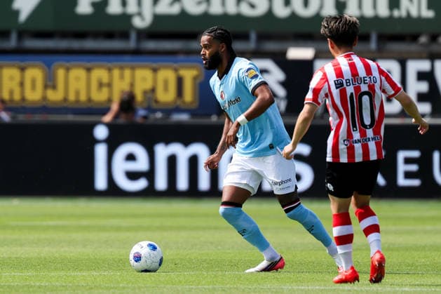2026-08-09 Sparta Rotterdam v Feyenoord - Dutch Eredivisie ROTTERDAM, NETHERLANDS - AUGUST 9: Jeremiah St. Juste of Feyenoord is challenged by Shunsuke Mito of Sparta Rotterdam during the Dutch Eredivisie match between Sparta Rotterdam and Feyenoord at Sparta-stadion Het Kasteel on August 9, 2026 in Rotterdam, Netherlands. Rotterdam Sparta-stadion Het Kasteel Netherlands Content not available for redistribution in The Netherlands directly or indirectly through any third parties. Copyright: xHansxvanxderxValkx