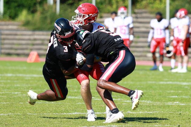 Hugh Harvey (Potsdam Royals, 8) is tackled by Defense, Düsseldorf Panther vs Potsdam Royals, American Football, GFL, German Football League, Season 2026, Week 14, 08.08.2026, Photo: PFA Klaus Sack Düsseldorf Stadion VfL Benrath NRW Deutschland Copyright: xFootxBowl KlausxSackx