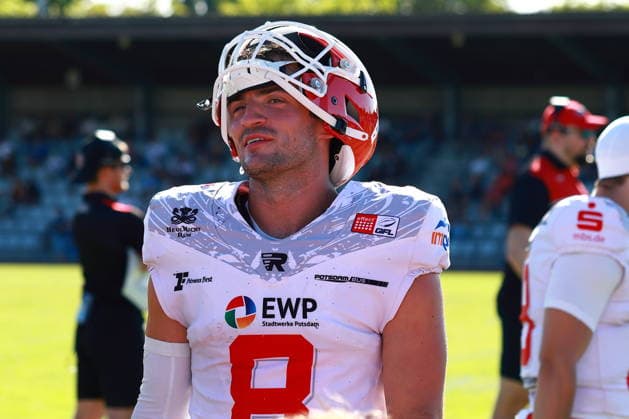 Hugh Harvey (Potsdam Royals, 8), Düsseldorf Panther vs Potsdam Royals, American Football, GFL, German Football League, Season 2026, Week 14, 08.08.2026, Photo: PFA Klaus Sack Düsseldorf Stadion VfL Benrath NRW Deutschland Copyright: xFootxBowl KlausxSackx