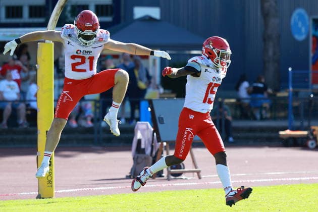 Keyshawn Smith (Potsdam Royals, 15) and Ruben De Ruyter (Potsdam Royals, 21) celebrates a Touchdown, Düsseldorf Panther vs Potsdam Royals, American Football, GFL, German Football League, Season 2026, Week 14, 08.08.2026, Photo: PFA Klaus Sack Düsseldorf Stadion VfL Benrath NRW Deutschland Copyright: xFootxBowl KlausxSackx