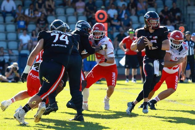 Dawson Herl (Düsseldorf Panther, 12) looking for Receivers, Düsseldorf Panther vs Potsdam Royals, American Football, GFL, German Football League, Season 2026, Week 14, 08.08.2026, Photo: PFA Klaus Sack Düsseldorf Stadion VfL Benrath NRW Deutschland Copyright: xFootxBowl KlausxSackx