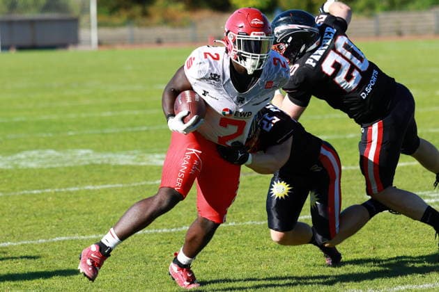 Chrisman Kyei (Potsdam Royals, 2) runs with the ball, Düsseldorf Panther vs Potsdam Royals, American Football, GFL, German Football League, Season 2026, Week 14, 08.08.2026, Photo: PFA Klaus Sack Düsseldorf Stadion VfL Benrath NRW Deutschland Copyright: xFootxBowl KlausxSackx
