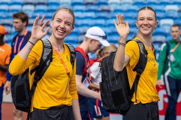 BIRMINGHAM, GREAT BRITAIN - AUGUST 9, 2026 : Imke DAALMANN (GER Germany) and Kira WITTMANN (GER Germany) during the training day before the European Athletics Championships at Alexander Stadium on August 9, 2026 in Birmingham, Great Britain. Nordrhein-Westfalen Great Britain Copyright: xLeahxKohringx