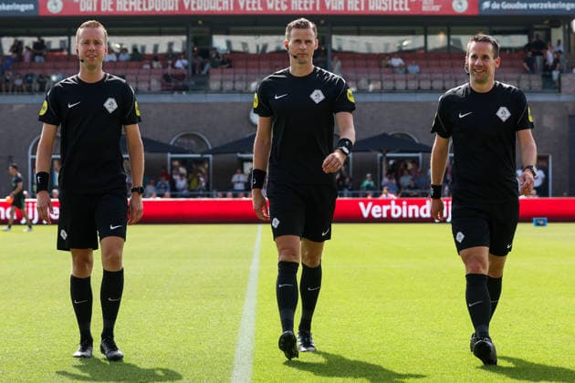2026-08-09 Sparta Rotterdam v Feyenoord - Dutch Eredivisie ROTTERDAM, NETHERLANDS - AUGUST 9: Warming up of Assistant referee Stefan de Groot, Referee Sander van der Eijk, Assistant referee Rens Bluemink during the Dutch Eredivisie match between Sparta Rotterdam and Feyenoord at Sparta-stadion Het Kasteel on August 9, 2026 in Rotterdam, Netherlands. Rotterdam Sparta-stadion Het Kasteel Netherlands Content not available for redistribution in The Netherlands directly or indirectly through any third parties. Copyright: xHansxvanxderxValkx