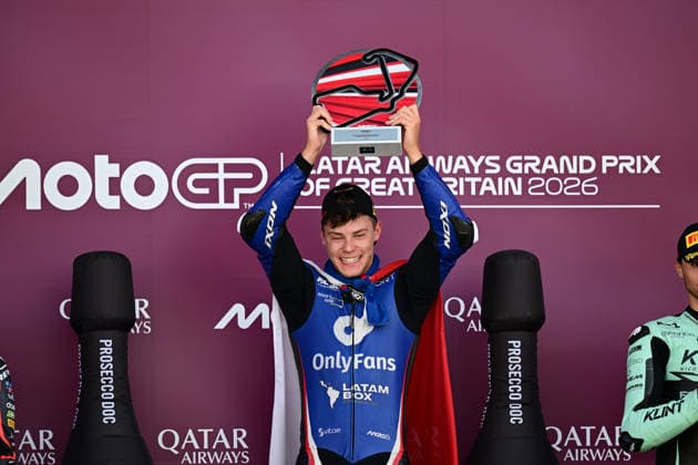 motor racing, Motorsport Moto GP Qatar Airways Grand Prix of Great Britain Moto GP2 Race winner Filip Salac of Only Fans American Racing Team holds his trophy during the Moto GP Qatar Airways Grand Prix of Great Britain at Silverstone, Towcester, UK on 9 August 2026. Towcester Silverstone Northamptonshire UK Editorial use only , Copyright: xDennisxGoodwinx PSI-24671-0029