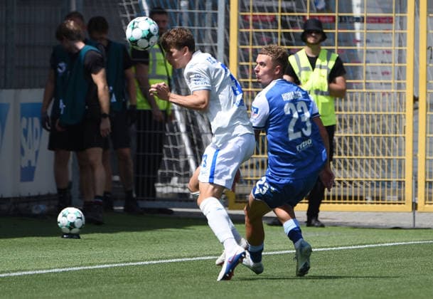 09.08.2026, xhbx, Fussball 3.Liga, TSG 1899 Hoffenheim U23 - Hansa Rostock v.l.Florian Bohnert (Hansa Rostock), Alex Honajzer (TSG 1899 Hoffenheim U23) (DFL DFB REGULATIONS PROHIBIT ANY USE OF PHOTOGRAPHS as IMAGE SEQUENCES and or QUASI-VIDEO) Hoffenheim *** August 9, 2026, xhbx, Soccer 3rd Division, TSG 1899 Hoffenheim U23 vs. Hansa Rostock, Florian Bohnert (Hansa Rostock), Alex Honajzer, TSG 1899 Hoffenheim U23. DFL and DFB regulations prohibit any use of photographs as image sequences and or quasi-video. Hoffenheim