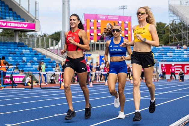 BIRMINGHAM, GREAT BRITAIN - AUGUST 9, 2026 : Valentina ROSAMILIA (SUI Switzerland), Gabriela GAJANOVÁ (SVK Slovakia) and Smilla KOLBE (GER Germany) during the training day before the European Athletics Championships at Alexander Stadium on August 9, 2026 in Birmingham, Great Britain. Nordrhein-Westfalen Great Britain Copyright: xLeahxKohringx