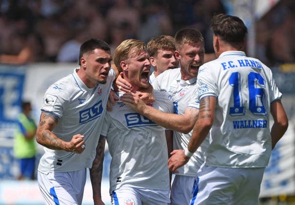 09.08.2026, xhbx, Fussball 3.Liga, TSG 1899 Hoffenheim U23 - Hansa Rostock v.l. Torjubel, Goal celebration, celebrate the goal 0:1 durch Andreas Voglsammer (Hansa Rostock) (DFL DFB REGULATIONS PROHIBIT ANY USE OF PHOTOGRAPHS as IMAGE SEQUENCES and or QUASI-VIDEO) Hoffenheim *** August 9, 2026, xhbx, Soccer 3rd Division, TSG 1899 Hoffenheim U23 vs. Hansa Rostock – Goal celebration, Goal celebration, celebrating the goal 0–1 by Andreas Voglsammer, Hansa Rostock. DFL and DFB regulations prohibit any use of photographs as image sequences and or quasi-video. Hoffenheim