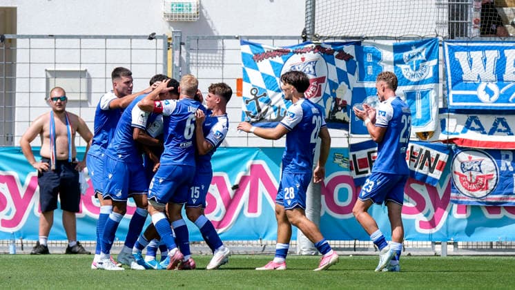 Spieler der TSG 1899 Hoffenheim II (U23), jubeln über das Tor zum 1:1, Jubel, Torjubel, Torerfolg, celebrate the goal, goal, celebration, jubelt ueber das Tor, Freuen, Freude, freut sich, optimistisch, positiv, Spielszene, Highlight, Action, Aktion, 09.08.2026, Sinsheim (Deutschland), Fussball, 3. Liga, TSG 1899 Hoffenheim II - Hansa Rostock, DFB DFL REGULATIONS PROHIBIT ANY USE OF PHOTOGRAPHS AS IMAGE SEQUENCES AND OR QUASI-VIDEO. *** Players from TSG 1899 Hoffenheim II U23 celebrate the goal that tied the game at 1-1, Celebration, goal celebration, goal scored, celebrating the goal, goal, celebration, cheering the goal, joy, happiness, happy, optimistic, positive, game scene, highlight, action, 09 08 2026, Sinsheim, Germany, soccer, 3. Liga, TSG 1899 Hoffenheim II vs. Hansa Rostock, DFB and DFL regulations prohibit any use of photographs as image sequences and or quasi-video xozx