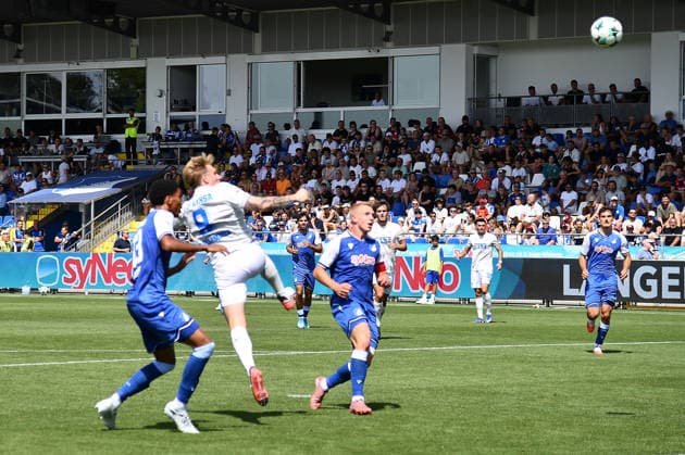 09.08.2026, xhbx, Fussball 3.Liga, TSG 1899 Hoffenheim U23 - Hansa Rostock v.l. Goal scored, Tor zum 1:2 durch Andreas Voglsammer (Hansa Rostock) (DFL DFB REGULATIONS PROHIBIT ANY USE OF PHOTOGRAPHS as IMAGE SEQUENCES and or QUASI-VIDEO) Hoffenheim *** August 9, 2026, xhbx, Soccer 3rd Division, TSG 1899 Hoffenheim U23 vs. Hansa Rostock: Goal scored—Andreas Voglsammer scores the 1-2 goal for Hansa Rostock. DFL and DFB regulations prohibit any use of photographs as image sequences and or quasi-video. Hoffenheim
