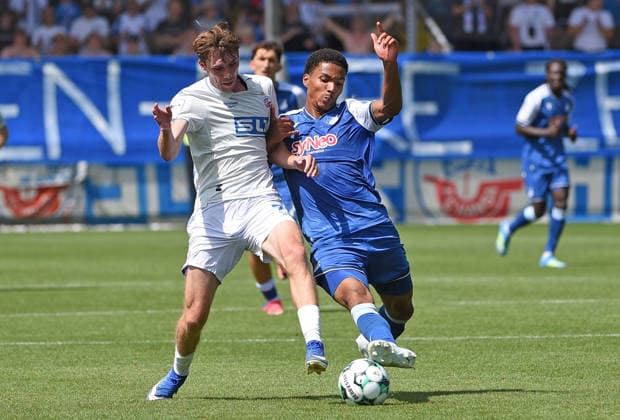 09.08.2026, xhbx, Fussball 3.Liga, TSG 1899 Hoffenheim U23 - Hansa Rostock v.l. Bernie Lennemann (Hansa Rostock), Tristian Spranger (TSG 1899 Hoffenheim U23) (DFL DFB REGULATIONS PROHIBIT ANY USE OF PHOTOGRAPHS as IMAGE SEQUENCES and or QUASI-VIDEO) Hoffenheim *** August 9, 2026, xhbx, Soccer 3rd Division, TSG 1899 Hoffenheim U23 vs. Hansa Rostock, Bernie Lennemann (Hansa Rostock), Tristian Spranger, TSG 1899 Hoffenheim U23. DFL and DFB regulations prohibit any use of photographs as image sequences and or quasi-video. Hoffenheim