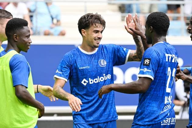 Gent s Araujo Tiago celebrates after scoring the 1-0 goal during a soccer match between KAA Gent and KV Mechelen, Sunday 09 August 2026 in Gent, on day 1 of the 2026-2027 Jupiler Pro League first division of the Belgian championship. MAARTENxSTRAETEMANS  x183012818x