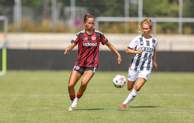 GER, Frankfurt, Eintracht Frankfurt II vs FC Ingolstadt, DFB, 2. Bundesliga, Fussball, Spielzeit 2026 2027, Stadion am Brentanobad, 2. Spieltag im Bild v.l.: Amira Dahl (Eintracht Frankfurt Frauen II ), Leonie Haberäcker (FC Ingolstadt 04 27) DFB DFL REGULATIONS PROHIBIT ANY USE OF PHOTOGRAPHS AS IMAGE SEQUENCES AND OR QUASI-VIDEO, 09.08.2026 *** GER, Frankfurt, Eintracht Frankfurt II vs. FC Ingolstadt, DFB, 2. Bundesliga, Soccer, 2026–2027 Season, Stadion am Brentanobad, Matchday 2 in pictures (from left): Amira Dahl, Eintracht Frankfurt Women II, Leonie Haberäcker, FC Ingolstadt 04. 27 DFB DFL regulations prohibit any use of photographs as image sequences and or quasi-video. August 9, 2026 Copyright: HMBxMedia HendrikxHamelau