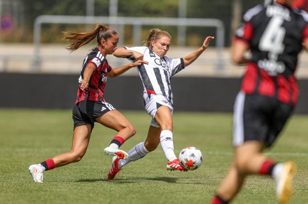 GER, Frankfurt, Eintracht Frankfurt II vs FC Ingolstadt, DFB, 2. Bundesliga, Fussball, Spielzeit 2026 2027, Stadion am Brentanobad, 2. Spieltag im Bild v.l.: Amira Dahl (Eintracht Frankfurt Frauen II ), Leonie Haberäcker (FC Ingolstadt 04 27) DFB DFL REGULATIONS PROHIBIT ANY USE OF PHOTOGRAPHS AS IMAGE SEQUENCES AND OR QUASI-VIDEO, 09.08.2026 *** GER, Frankfurt, Eintracht Frankfurt II vs. FC Ingolstadt, DFB, 2. Bundesliga, Soccer, 2026–2027 Season, Stadion am Brentanobad, Matchday 2 in pictures (from left): Amira Dahl, Eintracht Frankfurt Women II, Leonie Haberäcker, FC Ingolstadt 04. 27 DFB DFL regulations prohibit any use of photographs as image sequences and or quasi-video. August 9, 2026 Copyright: HMBxMedia HendrikxHamelau