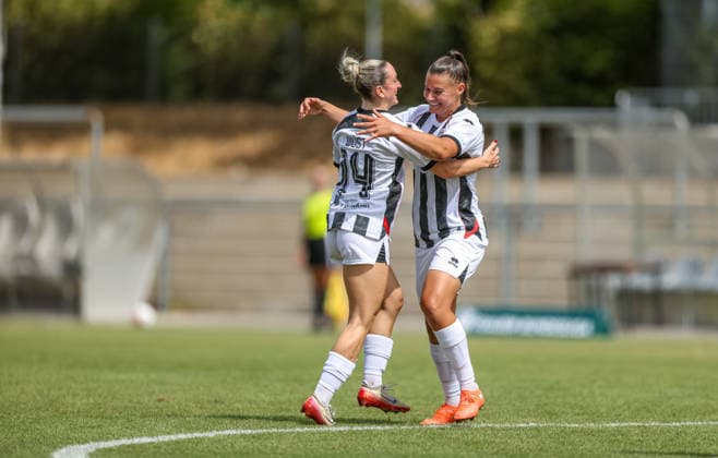 GER, Frankfurt, Eintracht Frankfurt II vs FC Ingolstadt, DFB, 2. Bundesliga, Fussball, Spielzeit 2026 2027, Stadion am Brentanobad, 2. Spieltag im Bild: Carina Wüst (FC Ingolstadt Frauen 14) erzielt den ersten Treffer und das 0:1, Tor, Jubel und Freude, Emotionen DFB DFL REGULATIONS PROHIBIT ANY USE OF PHOTOGRAPHS AS IMAGE SEQUENCES AND OR QUASI-VIDEO, 09.08.2026 *** GER, Frankfurt, Eintracht Frankfurt II vs. FC Ingolstadt, DFB, 2. Bundesliga, Soccer, 2026–2027 Season, Stadion am Brentanobad, Matchday 2 in pictures: Carina Wüst of FC Ingolstadt Women’s U-14 scores the first goal, making it 0–1, goal, Celebration and joy, emotions. DFB and DFL regulations prohibit any use of photographs as image sequences and or quasi-video. August 9, 2026 Copyright: HMBxMedia HendrikxHamelau