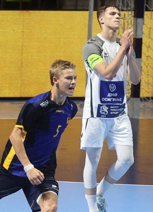 09.08.2026 Belgrade Sweden-Serbia European U18 men s handball championship final tournament match for 13-16 place Loke Fridh(L) Sweden celebrate last scored goal for victory beside Uros Peric (R)Serbia :