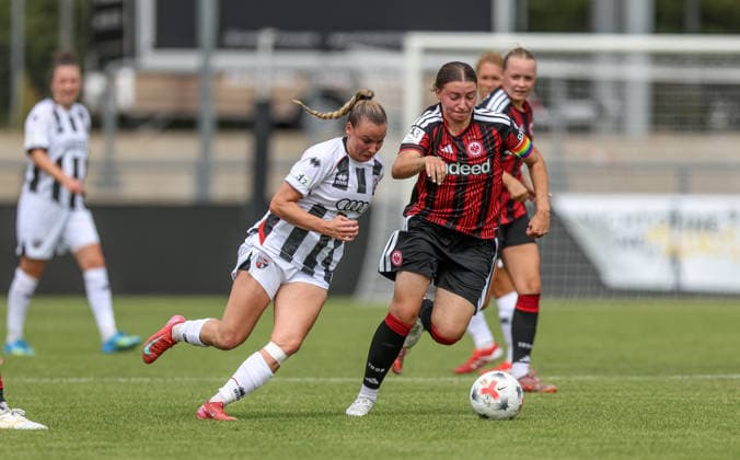 GER, Frankfurt, Eintracht Frankfurt II vs FC Ingolstadt, DFB, 2. Bundesliga, Fussball, Spielzeit 2026 2027, Stadion am Brentanobad, 2. Spieltag im Bild v.l.: Jenny Beyer (FC Ingolstadt 04 8), Tessa Zimmermann (Eintracht Frankfurt Frauen II 31) DFB DFL REGULATIONS PROHIBIT ANY USE OF PHOTOGRAPHS AS IMAGE SEQUENCES AND OR QUASI-VIDEO, 09.08.2026 *** GER, Frankfurt, Eintracht Frankfurt II vs. FC Ingolstadt, DFB, 2. Bundesliga, Soccer, 2026–2027 Season, Stadion am Brentanobad, Matchday 2 in pictures (from left): Jenny Beyer, FC Ingolstadt 04 8, Tessa Zimmermann, Eintracht Frankfurt Women II 31. DFB and DFL regulations prohibit any use of photographs as image sequences and or quasi-video. August 9, 2026 Copyright: HMBxMedia HendrikxHamelau