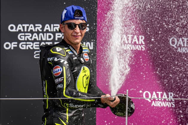 Raul Fernandez (Spain) of the SuperFile Trackhouse MotoGP Team ( 25) celebrates on the podium after winning the MotoGP Race at Round 12 of the 2026 Qatar Airways Grand Prix of Great Britain at Silverstone Circuit, Towcester, England on the 9 August 2026.  Copyright: xDavidxHornx PMI-7310-0261