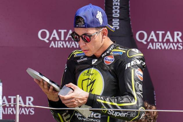 Raul Fernandez (Spain) of the SuperFile Trackhouse MotoGP Team ( 25) celebrates on the podium after winning the MotoGP Race at Round 12 of the 2026 Qatar Airways Grand Prix of Great Britain at Silverstone Circuit, Towcester, England on the 9 August 2026.  Copyright: xDavidxHornx PMI-7310-0264