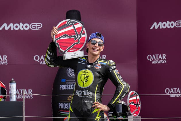Raul Fernandez (Spain) of the SuperFile Trackhouse MotoGP Team ( 25) celebrates on the podium after winning the MotoGP Race at Round 12 of the 2026 Qatar Airways Grand Prix of Great Britain at Silverstone Circuit, Towcester, England on the 9 August 2026.  Copyright: xDavidxHornx PMI-7310-0266