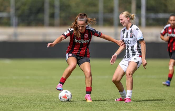 GER, Frankfurt, Eintracht Frankfurt II vs FC Ingolstadt, DFB, 2. Bundesliga, Fussball, Spielzeit 2026 2027, Stadion am Brentanobad, 2. Spieltag im Bild v.l.: Jana Theijs (Eintracht Frankfurt Frauen II 2), Teresa Frizberg (FC Ingolstadt 04 26), Zweikampf DFB DFL REGULATIONS PROHIBIT ANY USE OF PHOTOGRAPHS AS IMAGE SEQUENCES AND OR QUASI-VIDEO, 09.08.2026 *** GER, Frankfurt, Eintracht Frankfurt II vs. FC Ingolstadt, DFB, 2. Bundesliga, Soccer, 2026–2027 Season, Stadion am Brentanobad, Matchday 2 in pictures: from left, Jana Theijs (Eintracht Frankfurt Women II) 2, Teresa Frizberg (FC Ingolstadt 04) 26, Tackle. DFB and DFL regulations prohibit any use of photographs as image sequences and or quasi-video. September 8, 2026 Copyright: HMBxMedia HendrikxHamelau