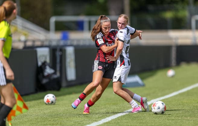 GER, Frankfurt, Eintracht Frankfurt II vs FC Ingolstadt, DFB, 2. Bundesliga, Fussball, Spielzeit 2026 2027, Stadion am Brentanobad, 2. Spieltag im Bild v.l.: Jana Theijs (Eintracht Frankfurt Frauen II 2), Teresa Frizberg (FC Ingolstadt 04 26), Zweikampf DFB DFL REGULATIONS PROHIBIT ANY USE OF PHOTOGRAPHS AS IMAGE SEQUENCES AND OR QUASI-VIDEO, 09.08.2026 *** GER, Frankfurt, Eintracht Frankfurt II vs. FC Ingolstadt, DFB, 2. Bundesliga, Soccer, 2026–2027 Season, Stadion am Brentanobad, Matchday 2 in pictures: from left, Jana Theijs (Eintracht Frankfurt Women II) 2, Teresa Frizberg (FC Ingolstadt 04) 26, Tackle. DFB and DFL regulations prohibit any use of photographs as image sequences and or quasi-video. September 8, 2026 Copyright: HMBxMedia HendrikxHamelau