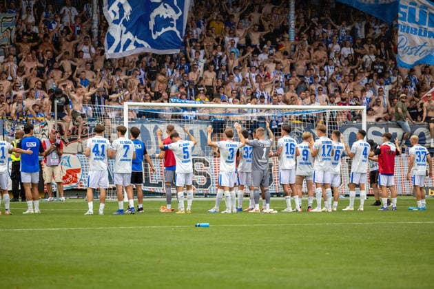 Fußball 3. Liga, Saison 2026 27, 1. Spieltag: TSG Hoffenheim 2 gegen Hansa Rostock***Spieler und Fans von Hansa Rostock feiern den Auswärtssieg *** Soccer 3rd Division, 2026–27 Season, Matchday 1: TSG Hoffenheim 2 vs. Hansa Rostock***Hansa Rostock players and fans celebrate the away win Copyright: xUdoxHerrmannx
