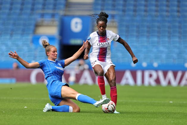 Brighton and Hove Albion Women v Paris Saint-Germain Women Pre-Season Friendly Marit AuÃ e of Brighton and Hove Albion Women tackles Naomie Feller of Paris Saint-Germain Women during the Pre-Season Friendly match at the American Express Stadium, Brighton and Hove 09 08 2026 UK Newspapers OUT Copyright: xNeilxHolmesx FIL-23742-0006