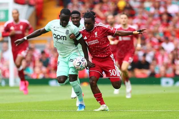Pape Cabral of Monaco and Jeremie Frimpong of Liverpool Liverpool v Monaco, Pre Season Friendly, Football, Anfield, Liverpool, UK - 09 Aug 2026Liverpool Anfield United Kingdom EDITORIAL USE ONLY No use with unauthorised audio, video, data, fixture lists, club league logos or live services. Online in-match use limited to 120 images, no video emulation. No use in betting, games or single club league player publications.  Copyright: xPaulxCurrie Shutterstockx 17051142r