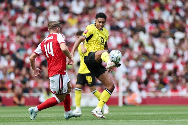 London, England, 9th August 2026. Viktor Gyokeres of Arsenal with Jobe Bellingham of Borussia Dortmund during the Arsenal vs Borussia Dortmund Pre Season Friendly match at the Emirates Stadium, London. Picture credit should read: David Klein Sportimage EDITORIAL USE ONLY. No use with unauthorised audio, video, data, fixture lists, club league logos or live services. Online in-match use limited to 120 images, no video emulation. No use in betting, games or single club league player publications. SPI_DK_002_Arsenal_Dortmund SPI-4895-0002