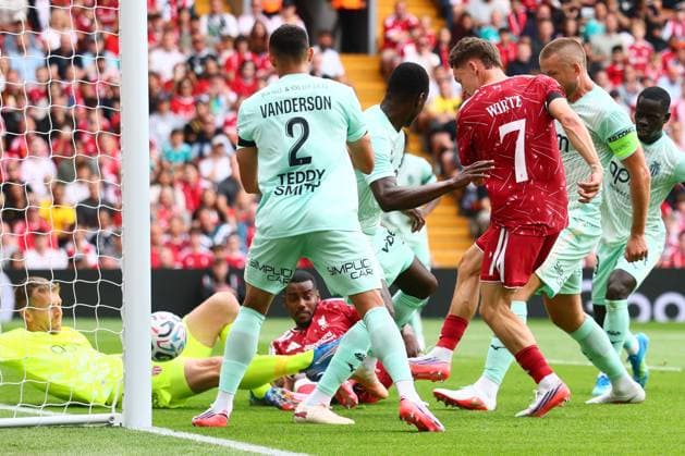 Florian Wirtz of Liverpool scores to make it 1-0 and celebrates Liverpool v Monaco, Pre Season Friendly, Football, Anfield, Liverpool, UK - 09 Aug 2026Liverpool Anfield United Kingdom EDITORIAL USE ONLY No use with unauthorised audio, video, data, fixture lists, club league logos or live services. Online in-match use limited to 120 images, no video emulation. No use in betting, games or single club league player publications.  Copyright: xPaulxCurrie Shutterstockx 17051142al