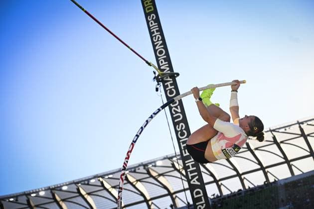Belgian Kyani Joosten in action during the pole vault event at the World Athletics U20 Championships, Sunday 9 August 2026, in Eugene, USA. The world championships take place from 5 to 9 August. THOMASxWINDESTAM  x183018214x