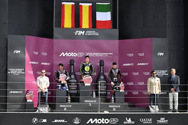 RECORD DATE NOT STATED 9th August 2026; Silverstone Circuit, Northamptonshire, England; 2026 MotoGP Grand Prix of Great Britain, Race Day; Jorge Martin of Aprilia Racing, Raul Fernandez of SuperFile Trackhouse MotoGP Team and Marco Bezzecchi of Aprilia Racing on the podium SimonxWest