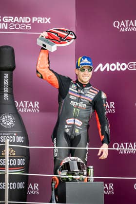 RECORD DATE NOT STATED 9th August 2026; Silverstone Circuit, Northamptonshire, England; 2026 MotoGP Grand Prix of Great Britain, Race Day; Marco Bezzecchi of the Aprilia Racing Team celebrates on the podium after coming second in the Qatar Airways British Grand Prix MotoGP GodfreyxPitt