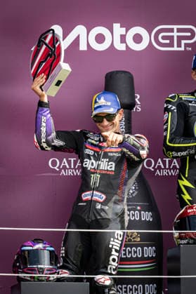 RECORD DATE NOT STATED 9th August 2026; Silverstone Circuit, Northamptonshire, England; 2026 MotoGP Grand Prix of Great Britain, Race Day; Jorge Martin of the Aprilia Racing Team celebrates on the podium after coming second in the Qatar Airways British Grand Prix MotoGP GodfreyxPitt