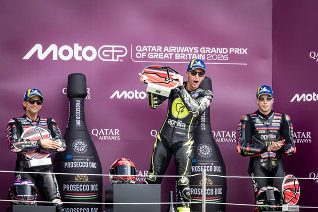 RECORD DATE NOT STATED 9th August 2026; Silverstone Circuit, Northamptonshire, England; 2026 MotoGP Grand Prix of Great Britain, Race Day; Raul Fernandez of the Superfile Trackhouse Team celebrates winning the Qatar Airways British Grand Prix MotoGP GodfreyxPitt