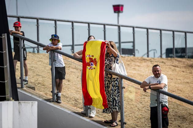 RECORD DATE NOT STATED 9th August 2026; Silverstone Circuit, Northamptonshire, England; 2026 MotoGP Grand Prix of Great Britain, Race Day; A fan holds a Spanish flag GodfreyxPitt