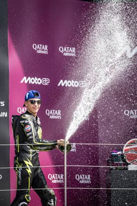RECORD DATE NOT STATED 9th August 2026; Silverstone Circuit, Northamptonshire, England; 2026 MotoGP Grand Prix of Great Britain, Race Day; Raul Fernandez of the Superfile Trackhouse Team celebrates on the podium after winning the Qatar Airways British Grand Prix MotoGP and sprays Prosecco GodfreyxPitt