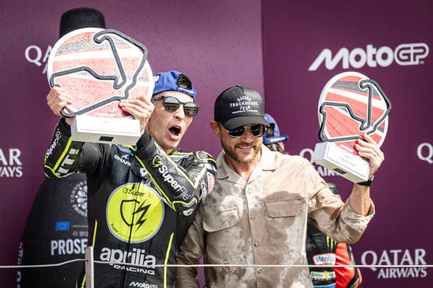 RECORD DATE NOT STATED 9th August 2026; Silverstone Circuit, Northamptonshire, England; 2026 MotoGP Grand Prix of Great Britain, Race Day; Raul Fernandez of the Superfile Trackhouse Team celebrates with his engineer on the podium after winning the Qatar Airways British Grand Prix MotoGP GodfreyxPitt