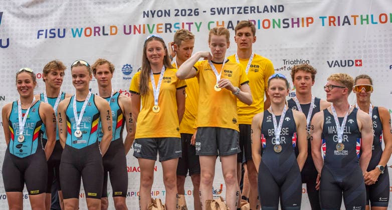 August 9, 2026, Nyon, Vaud, Switzerland: Nyon Switzerland, 08 09 2026: The podium is set: the Belgian team (bronze medal) on the left, the German team (gold medal) in the middle, and Team Great Britain (bronze medal) on the right. during FISU World University Championship Triathlon Nyon 2026 (International University Sports Federation). The NyonTriathlon is the final of the FISU World University Triathlon Championship which also the 37th edition and took place at Nyon in Vaud in Switzerland. Nyon Switzerland - ZUMAd206 20260809_zip_d206_004 Copyright: xEricxDubostx