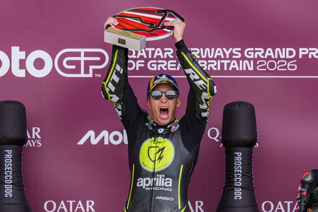 Raul Fernandez (Spain) of the SuperFile Trackhouse MotoGP Team ( 25) celebrates on the podium after winning the MotoGP Race at Round 12 of the 2026 Qatar Airways Grand Prix of Great Britain at Silverstone Circuit, Towcester, England on the 9 August 2026.  Copyright: xDavidxHornx PMI-7310-0298